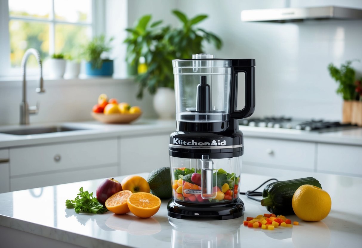 A KitchenAid Mini Food Processor sits on a clean, white countertop, surrounded by colorful fruits and vegetables ready to be chopped