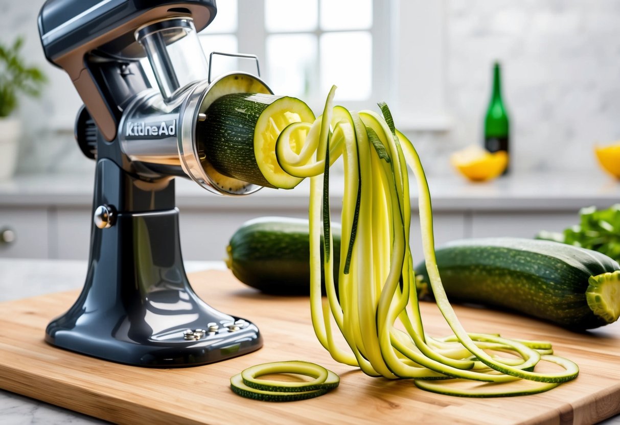 A KitchenAid Spiralizer Plus Attachment being used to spiralize a fresh zucchini into long, thin strands