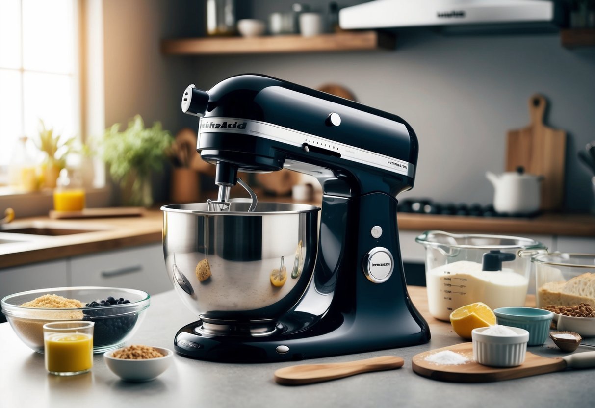 A KitchenAid Hand Mixer with Turbo Beater II in a modern kitchen setting, surrounded by various baking ingredients and utensils