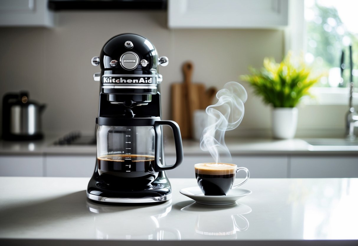 A KitchenAid Coffee Maker sits on a clean, modern kitchen counter with a steaming cup of freshly brewed coffee next to it