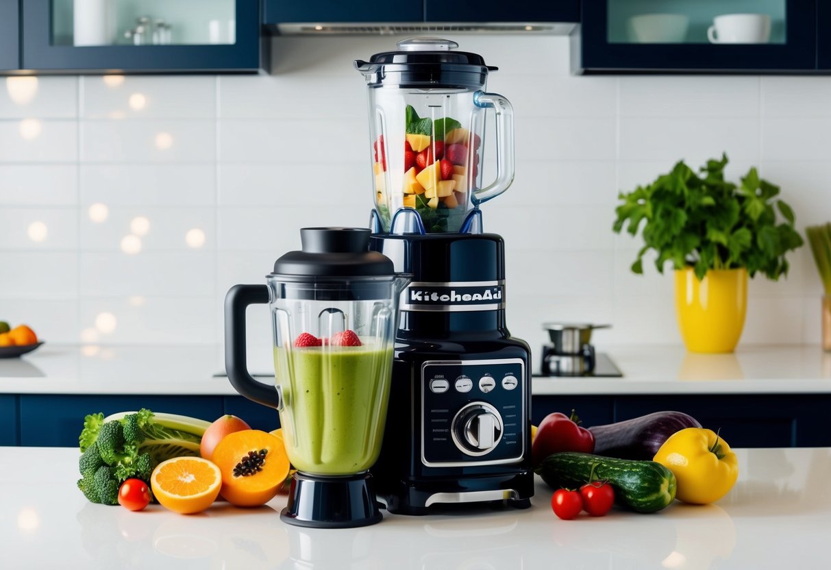 A KitchenAid Blender with Intelli-Speed Motor Control sits on a clean, modern kitchen counter, surrounded by fresh fruits and vegetables ready to be blended into a healthy smoothie