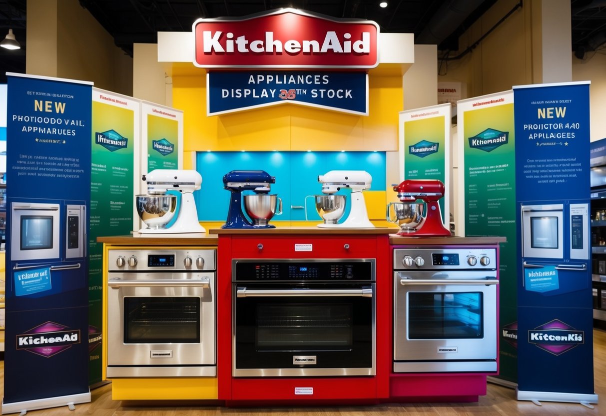 A colorful display of KitchenAid appliances with promotional banners and signage