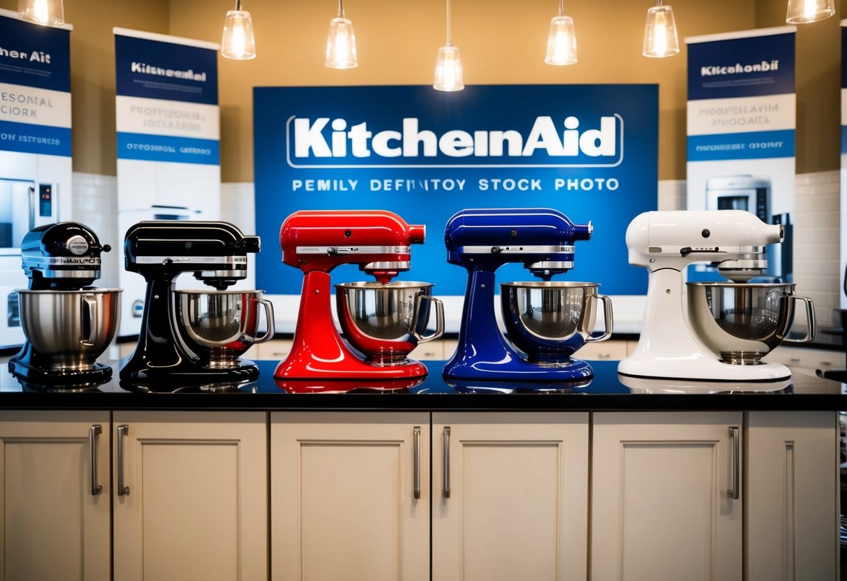 A kitchen counter with a variety of KitchenAid appliances on display, surrounded by promotional signs and banners