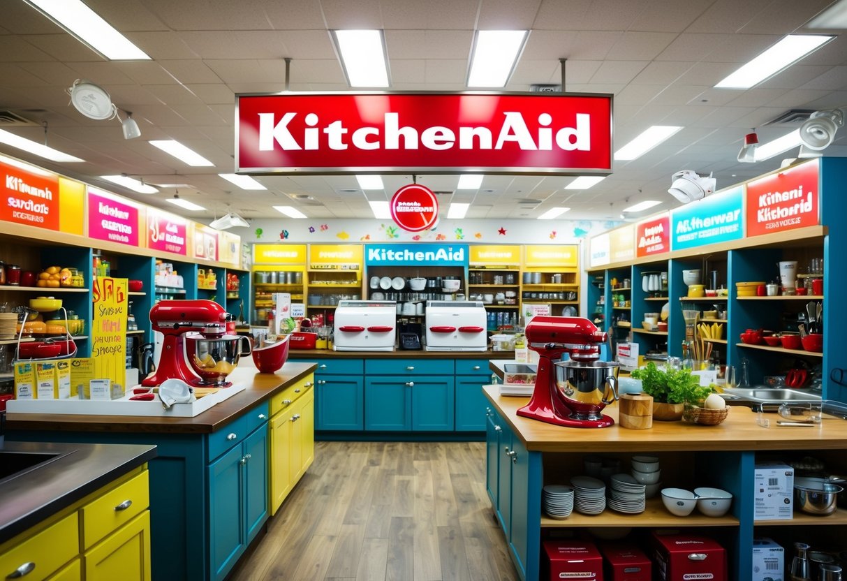 A bustling kitchenware store with vibrant displays of KitchenAid products and eye-catching promotional signs