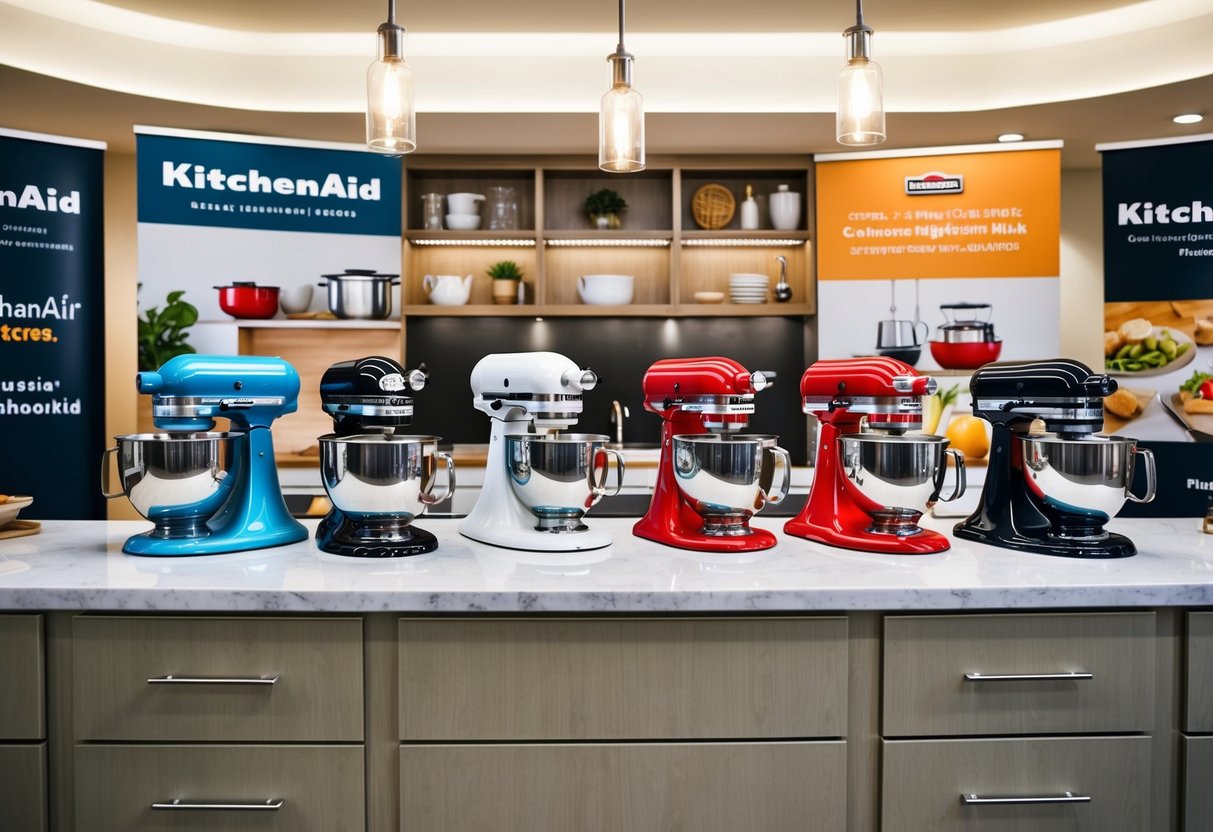 A kitchen counter with various KitchenAid products on display, surrounded by promotional banners and signs