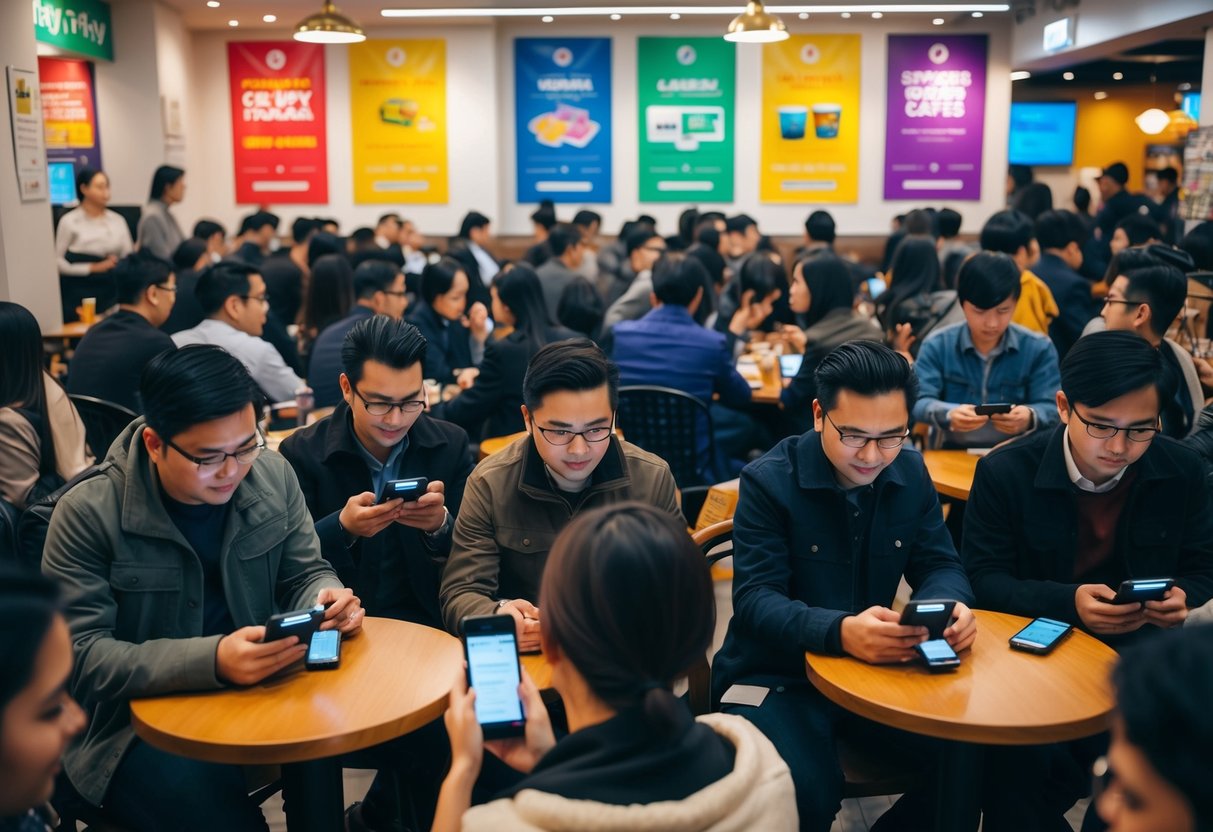 A crowded cafe with people using javamifi devices, surrounded by colorful promotional posters and banners