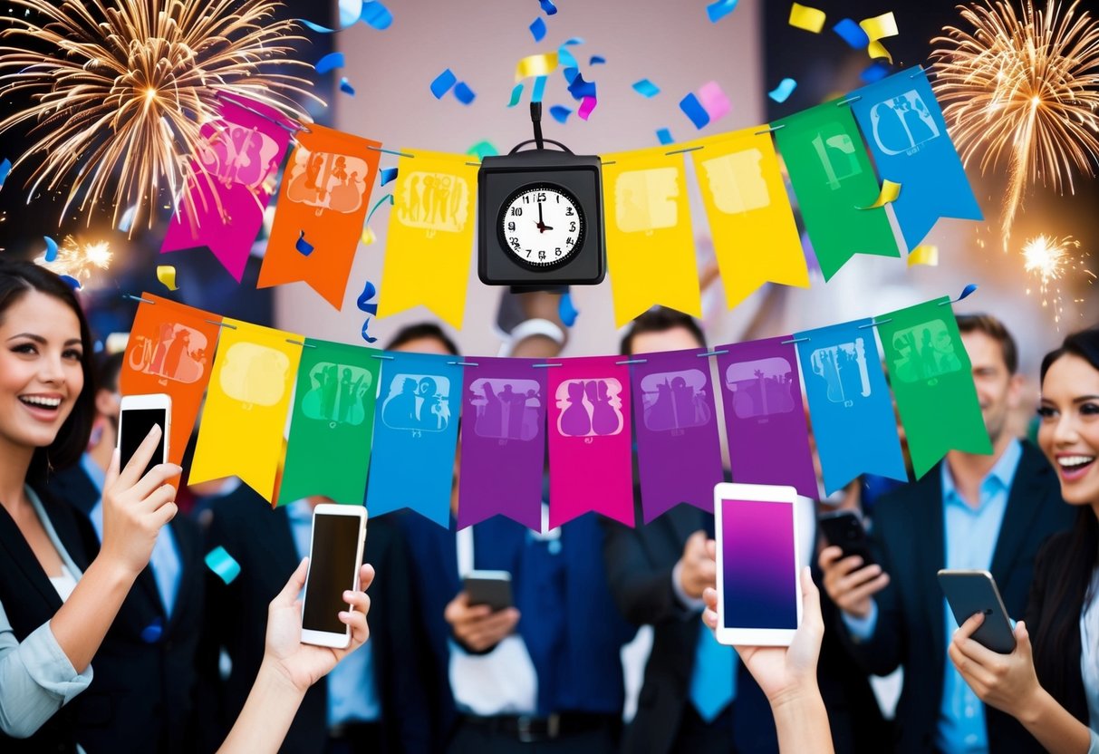 A colorful banner with fireworks, confetti, and a countdown clock, surrounded by excited customers holding smartphones and tablets