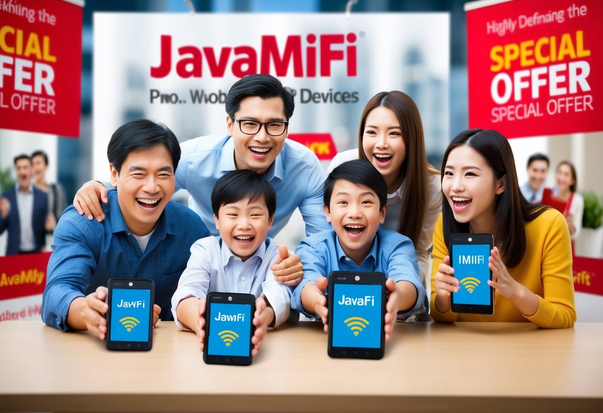 A family happily using JavaMiFi devices, surrounded by promotional banners and excitedly grabbing the special offer