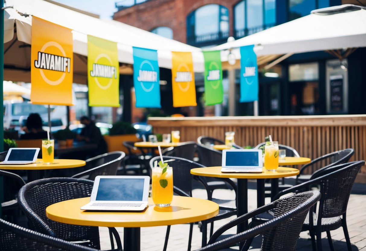 A sunny outdoor cafe with colorful JavaMiFi banners and tables set with refreshing drinks and electronic devices