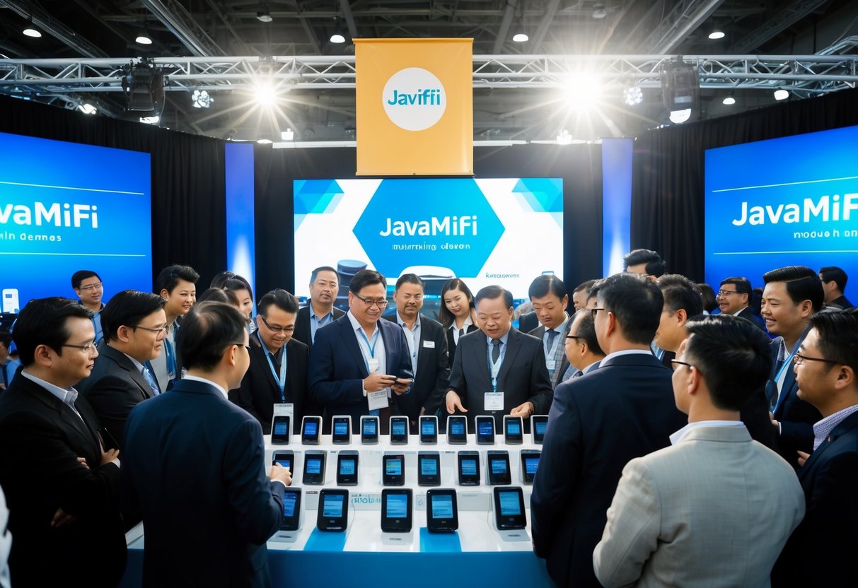A group of people gather around a display of JavaMifi devices, while a promotional banner hangs overhead. Bright lights illuminate the scene