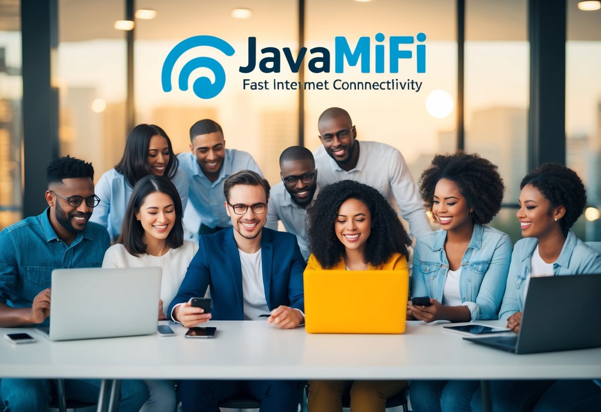 A group of diverse people enjoying fast internet connectivity on various devices, with the JavaMifi logo prominently displayed in the background