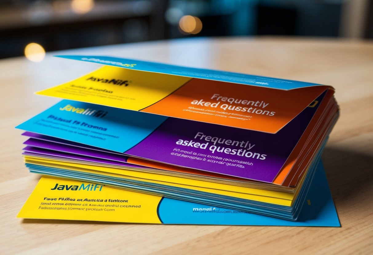 A stack of colorful promotional flyers for javamifi with a "Frequently Asked Questions" section highlighted