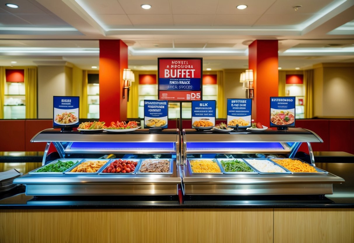A colorful hotel buffet display with various food options and promotional signs