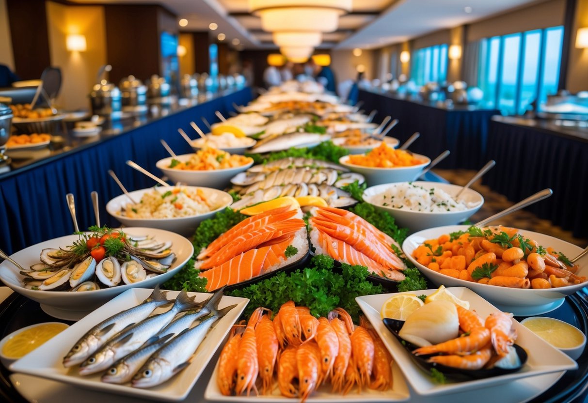 A vibrant seafood buffet spread at a hotel, with an array of fresh fish, shellfish, and other ocean delicacies on display
