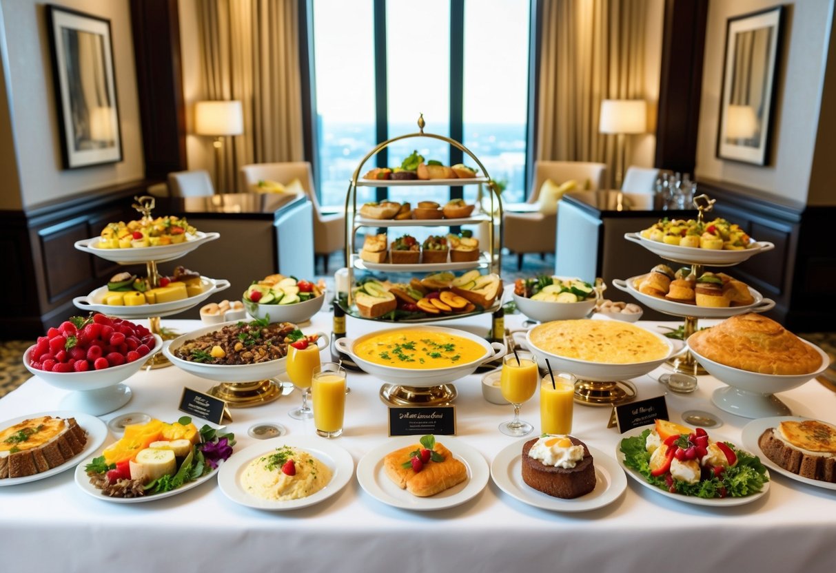 A lavish hotel buffet spread with a variety of brunch dishes and beverages displayed on a beautifully decorated table