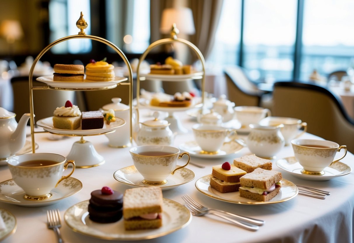 A table adorned with delicate teacups, pastries, and sandwiches at a luxurious hotel buffet. The elegant setting exudes an inviting atmosphere for afternoon tea delights