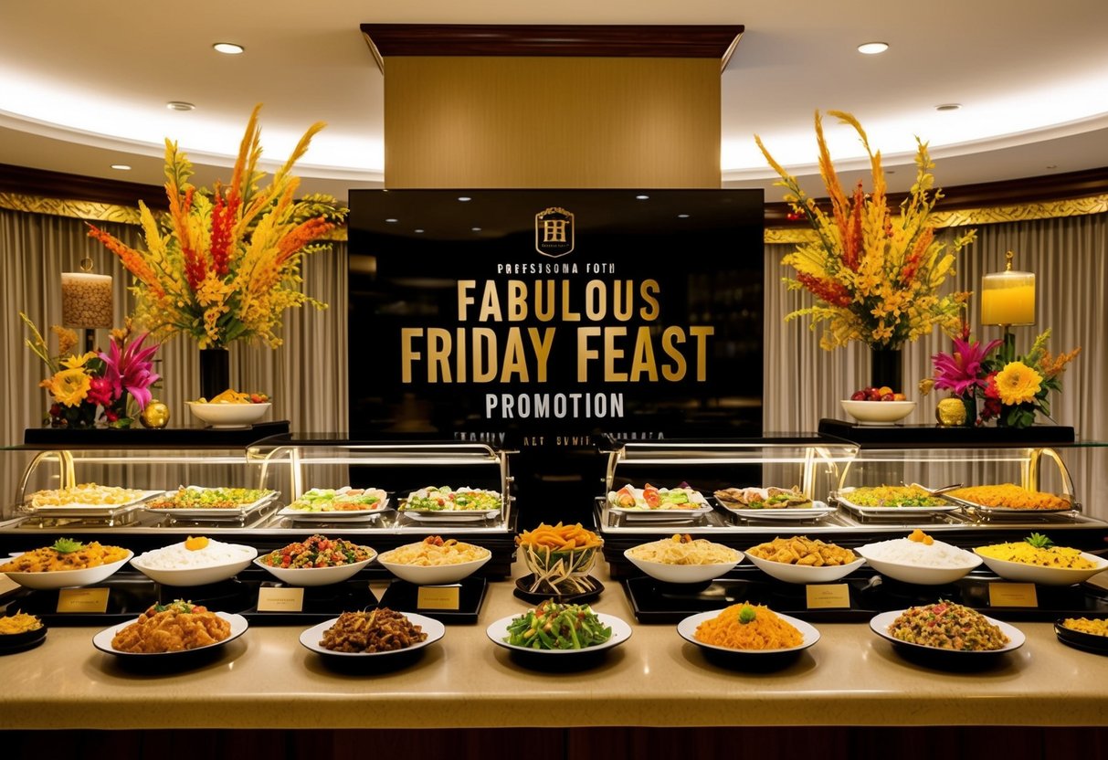 A luxurious hotel buffet display featuring an array of delectable dishes and vibrant decorations for the Fabulous Friday Feast promotion
