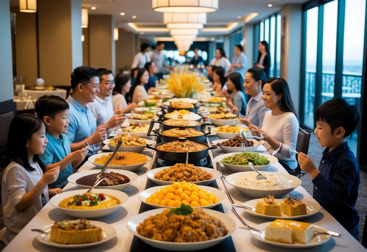 A long buffet table filled with an array of dishes and desserts, surrounded by families enjoying a Wednesday buffet promotion at Jen hotel