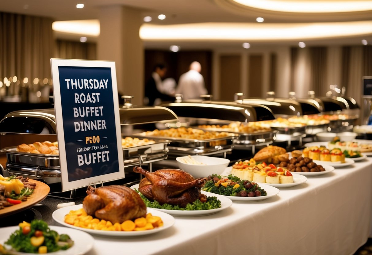 A grand hotel buffet spread features a Thursday Roast Dinner promotion