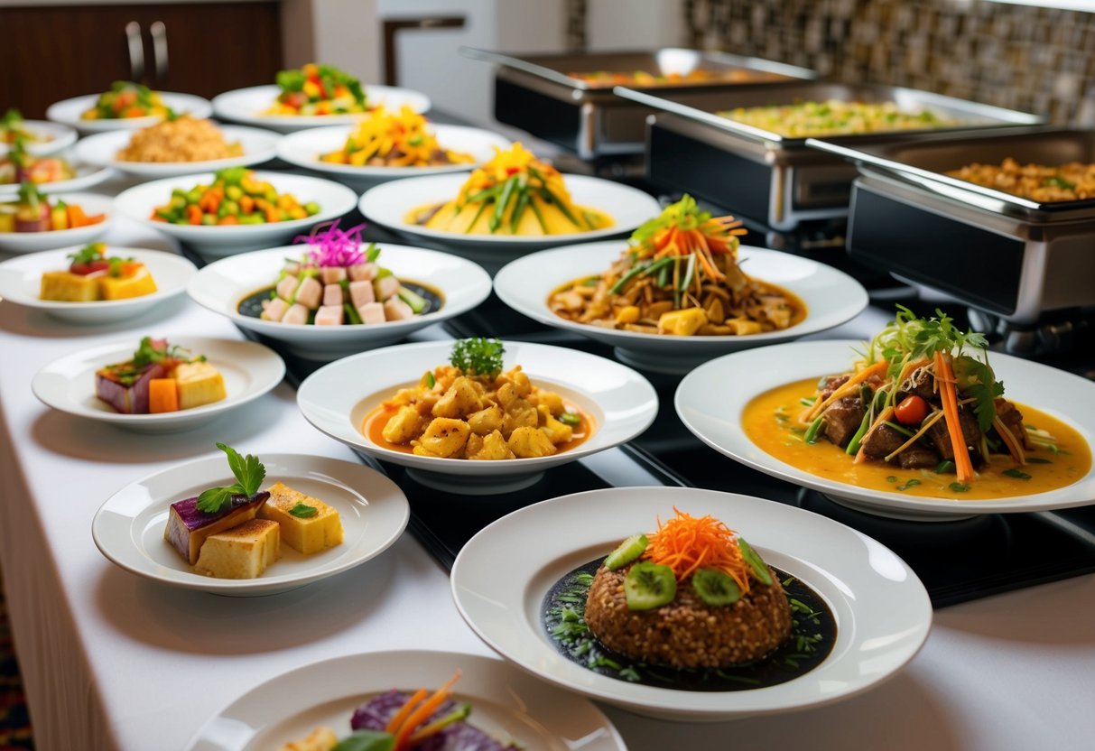 A colorful array of Asian fusion dishes displayed on a hotel buffet, with vibrant ingredients and decorative plating