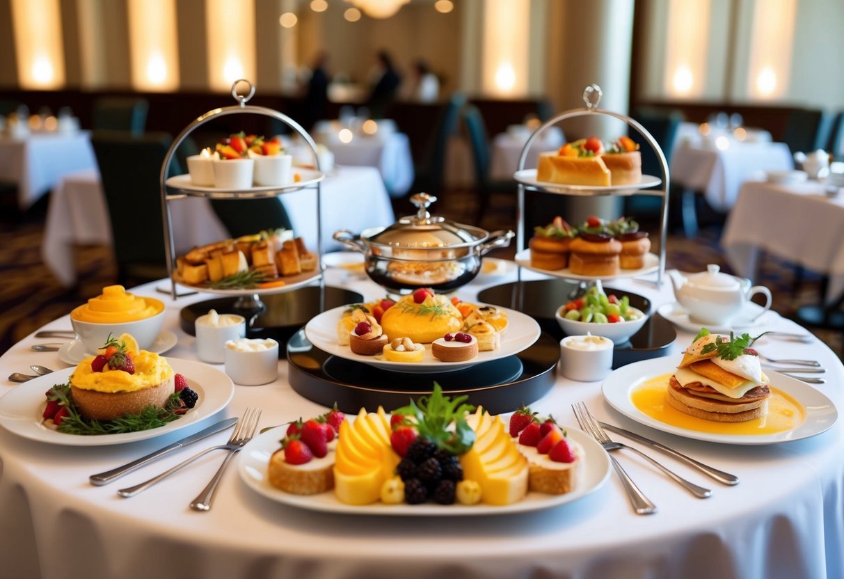 A lavish breakfast spread at a hotel buffet, featuring gourmet dishes and elegant table settings