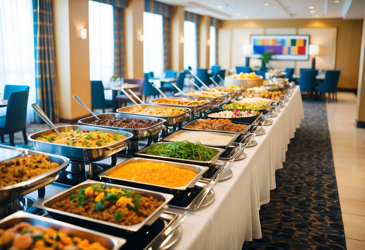 A colorful display of various food dishes arranged on a long buffet table in a bright and spacious hotel dining area