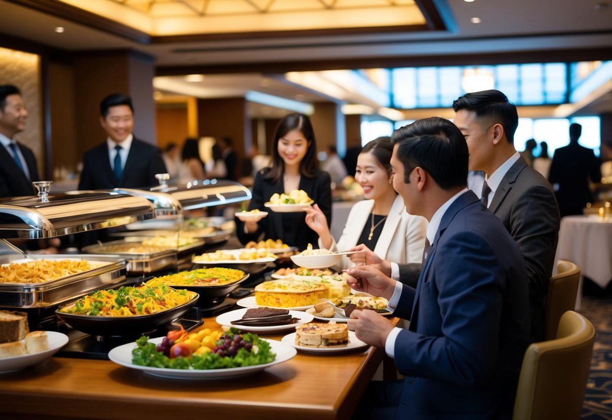 Guests enjoying a variety of delicious dishes at the Jen hotel buffet, with vibrant food displays and a bustling atmosphere