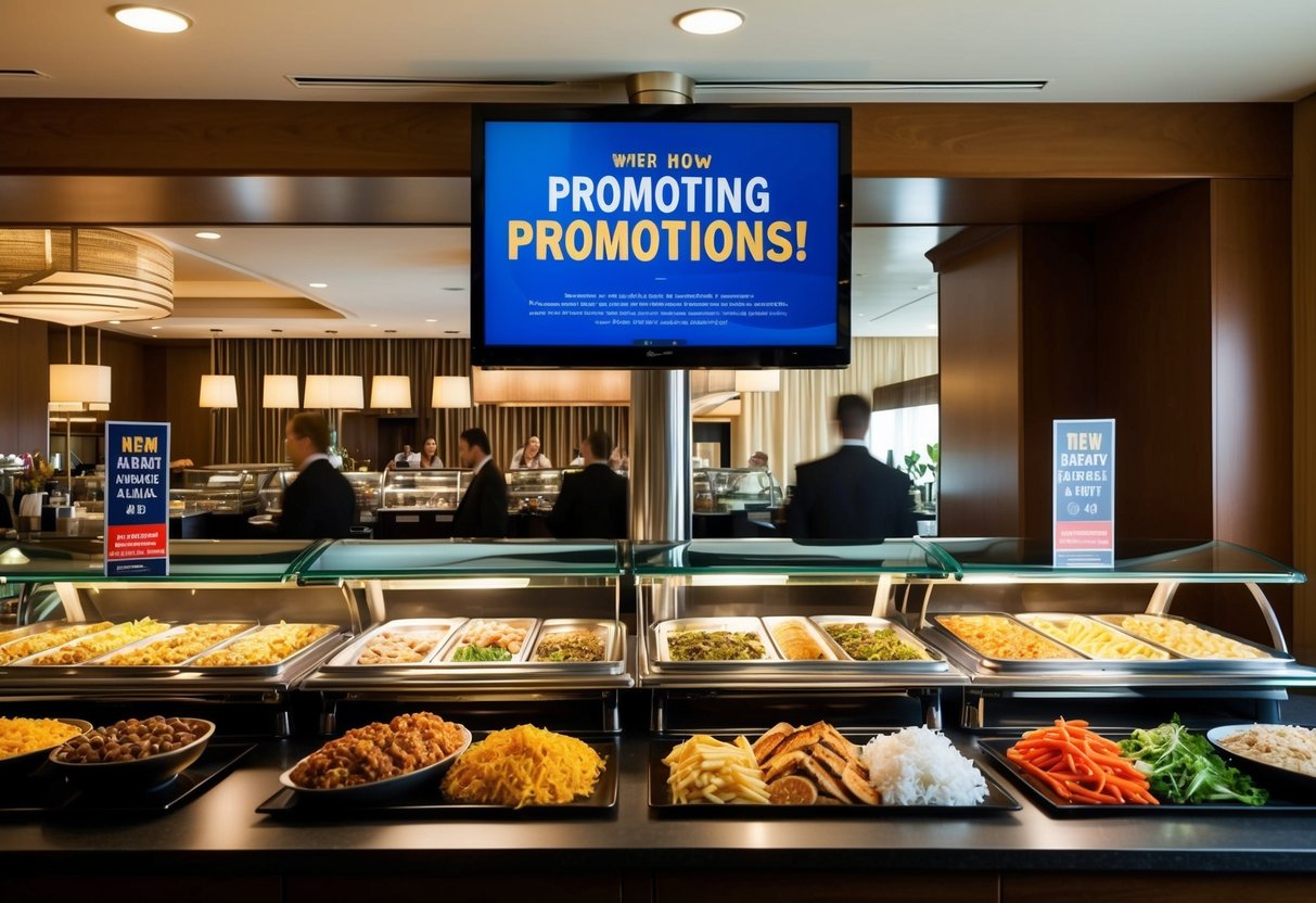 A bustling hotel buffet with a variety of food stations and signage promoting promotions