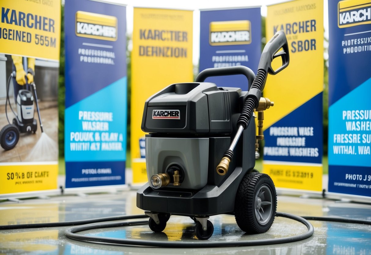 A Karcher pressure washer surrounded by promotional banners and signs, with a clean and shiny surface