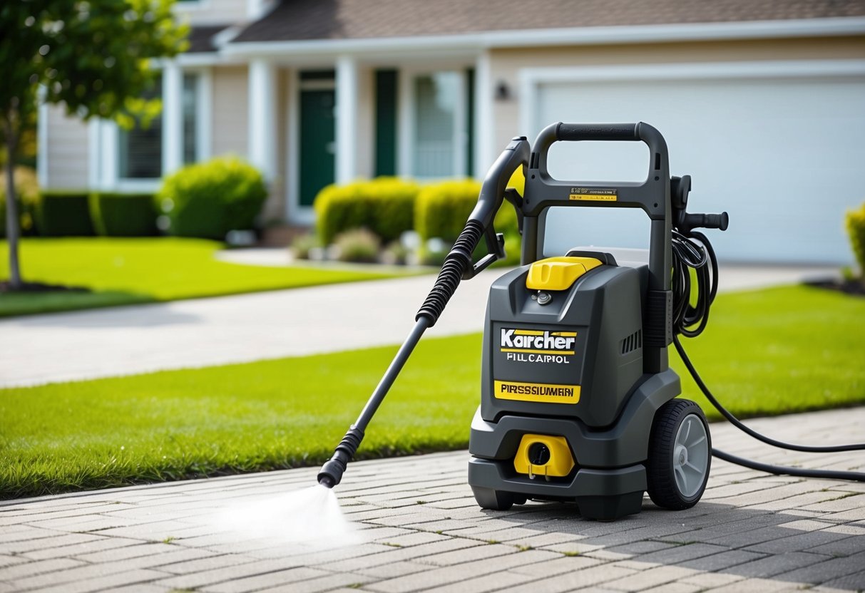 A suburban home exterior with a neatly paved driveway, a green garden, and a Kärcher K2 Full Control Home Pressure Washer in use