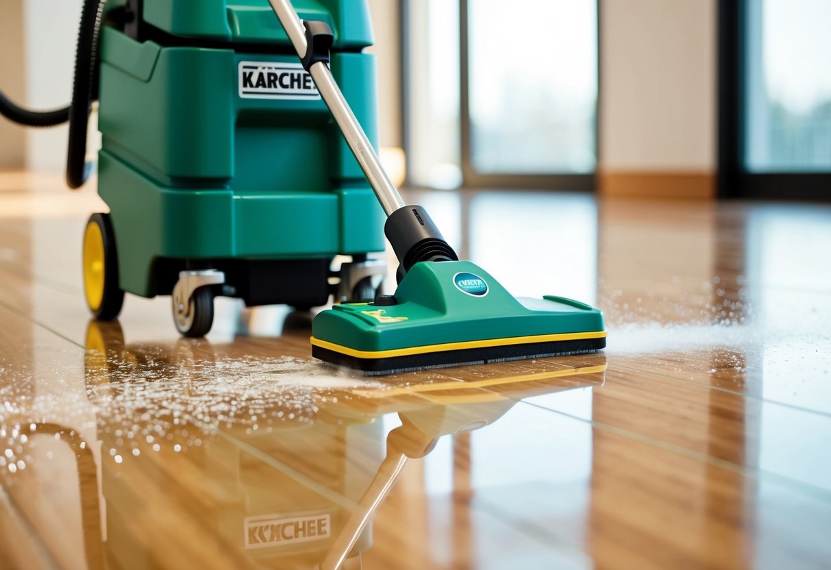 The Kärcher FC 5 Hard Floor Cleaner in action, effortlessly gliding over a sparkling clean hard floor surface