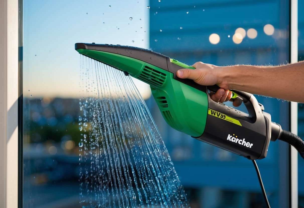 A hand-held Kärcher WV 5 Premium Window Vac in action, cleaning a streak-free window with water droplets and a clear view outside