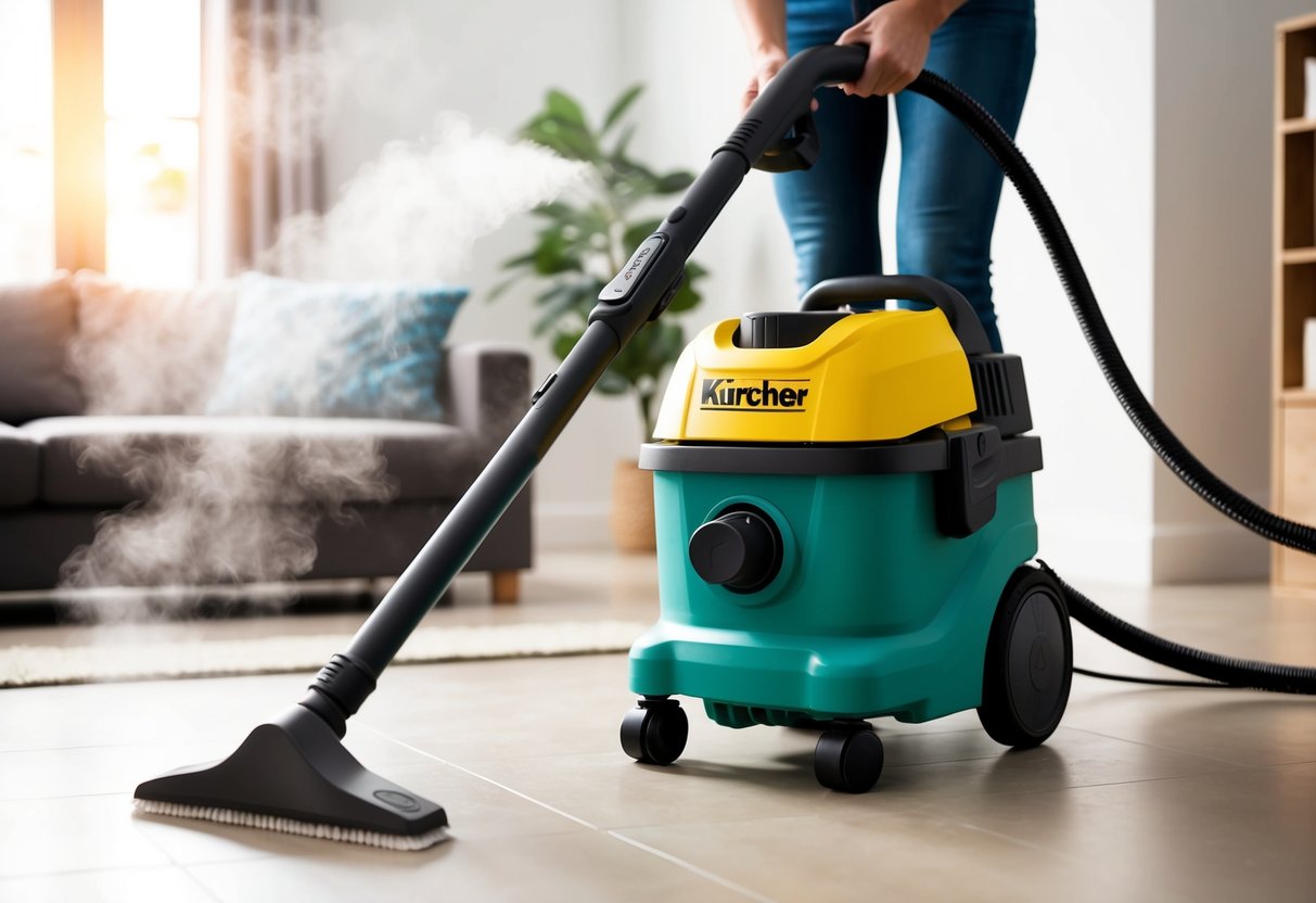 A Kärcher SC 2 EasyFix Steam Cleaner in action, releasing steam and cleaning surfaces