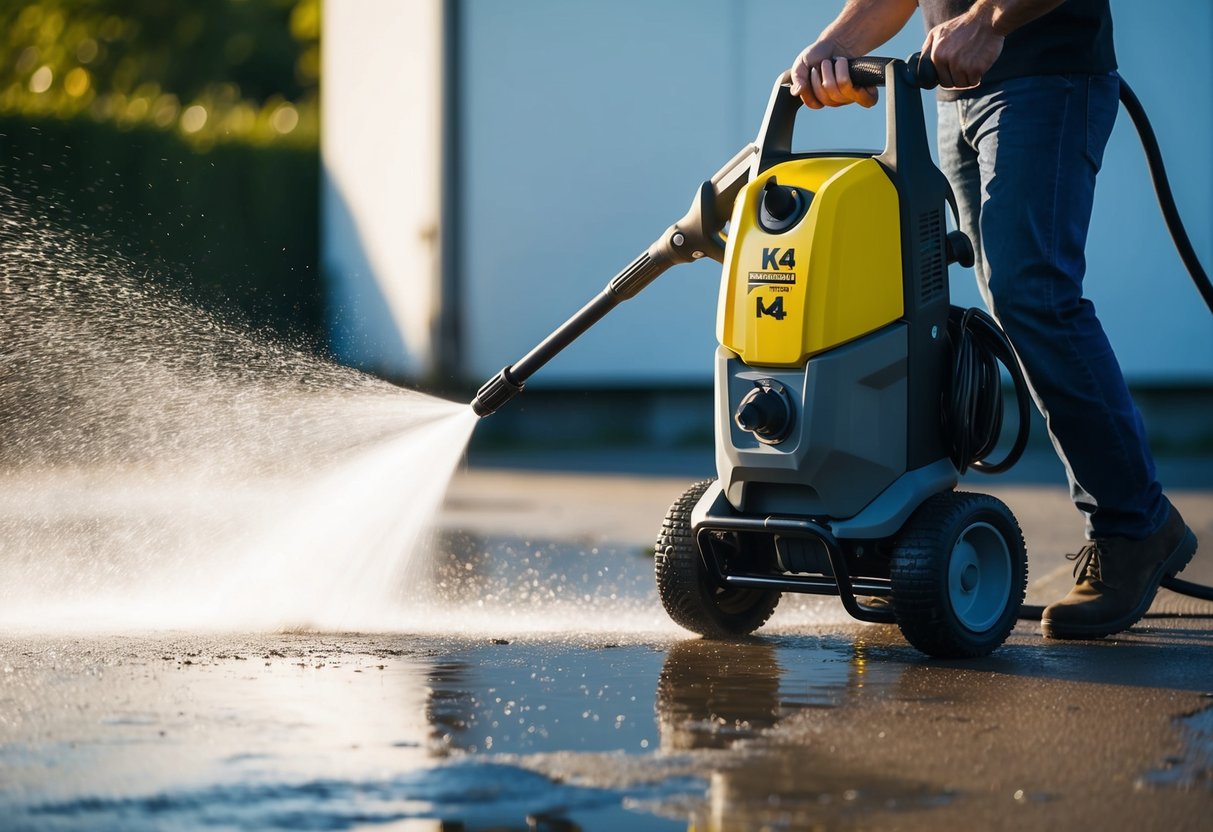 A Kärcher K4 Power Control Pressure Washer in action, spraying water onto a dirty surface
