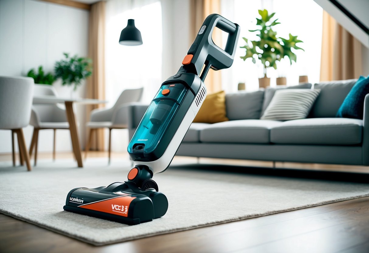 A modern living room with a sleek Kärcher VC 5 Cordless Vacuum in use, surrounded by clean furniture and decor
