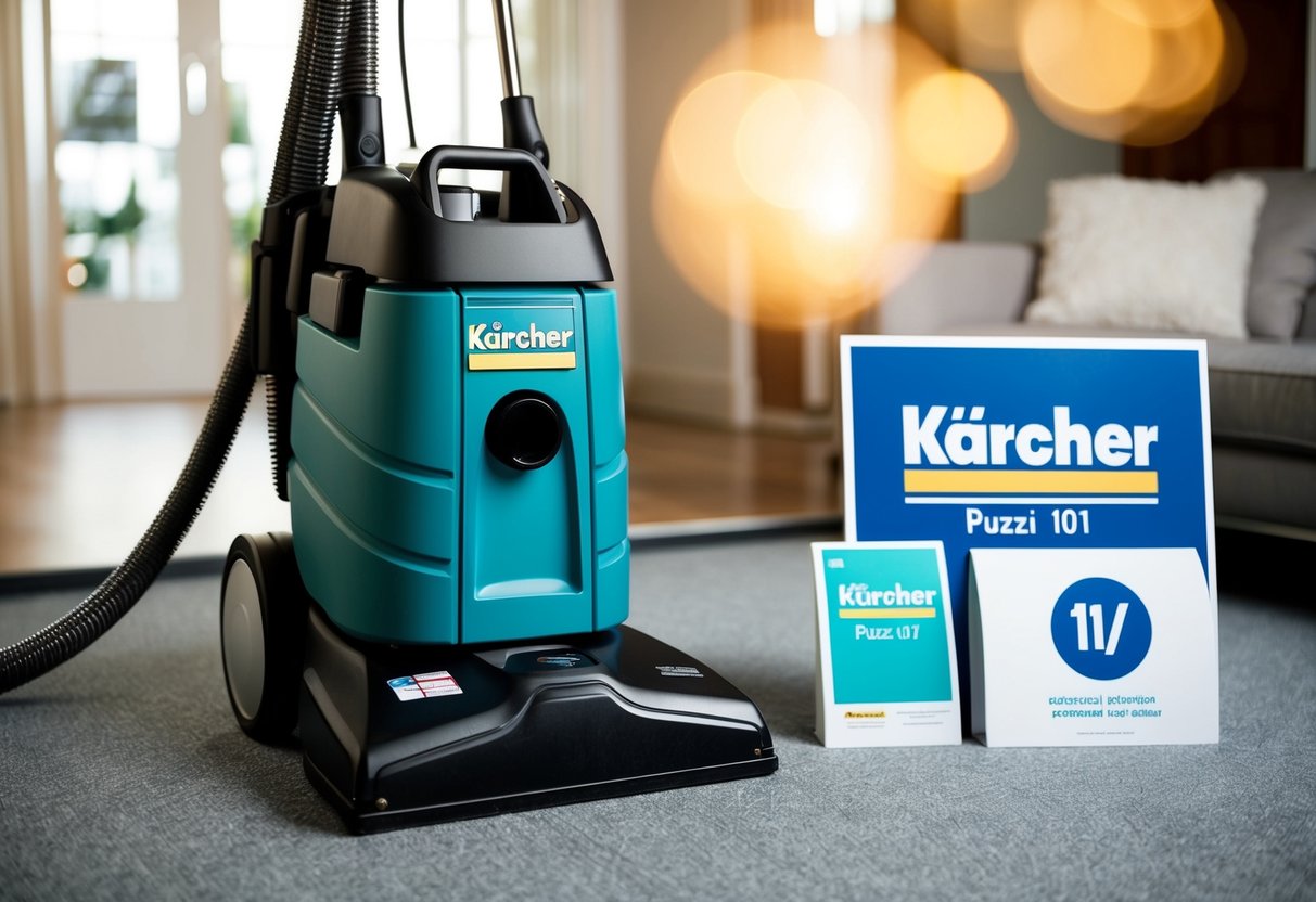 A Kärcher Puzzi 10/1 Carpet Cleaner in action, with promotional materials nearby