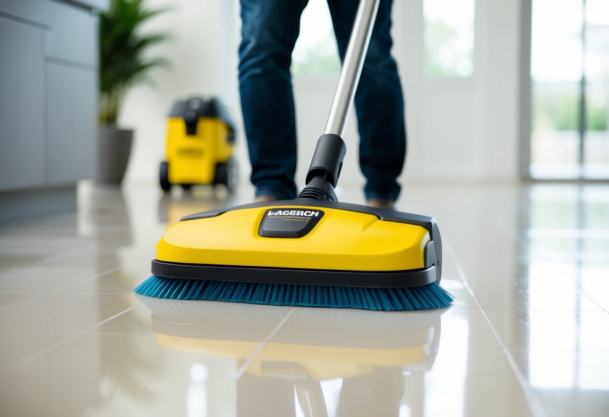 A cordless sweeper in action, effortlessly gliding over a clean floor, with a Kärcher logo visible in the background
