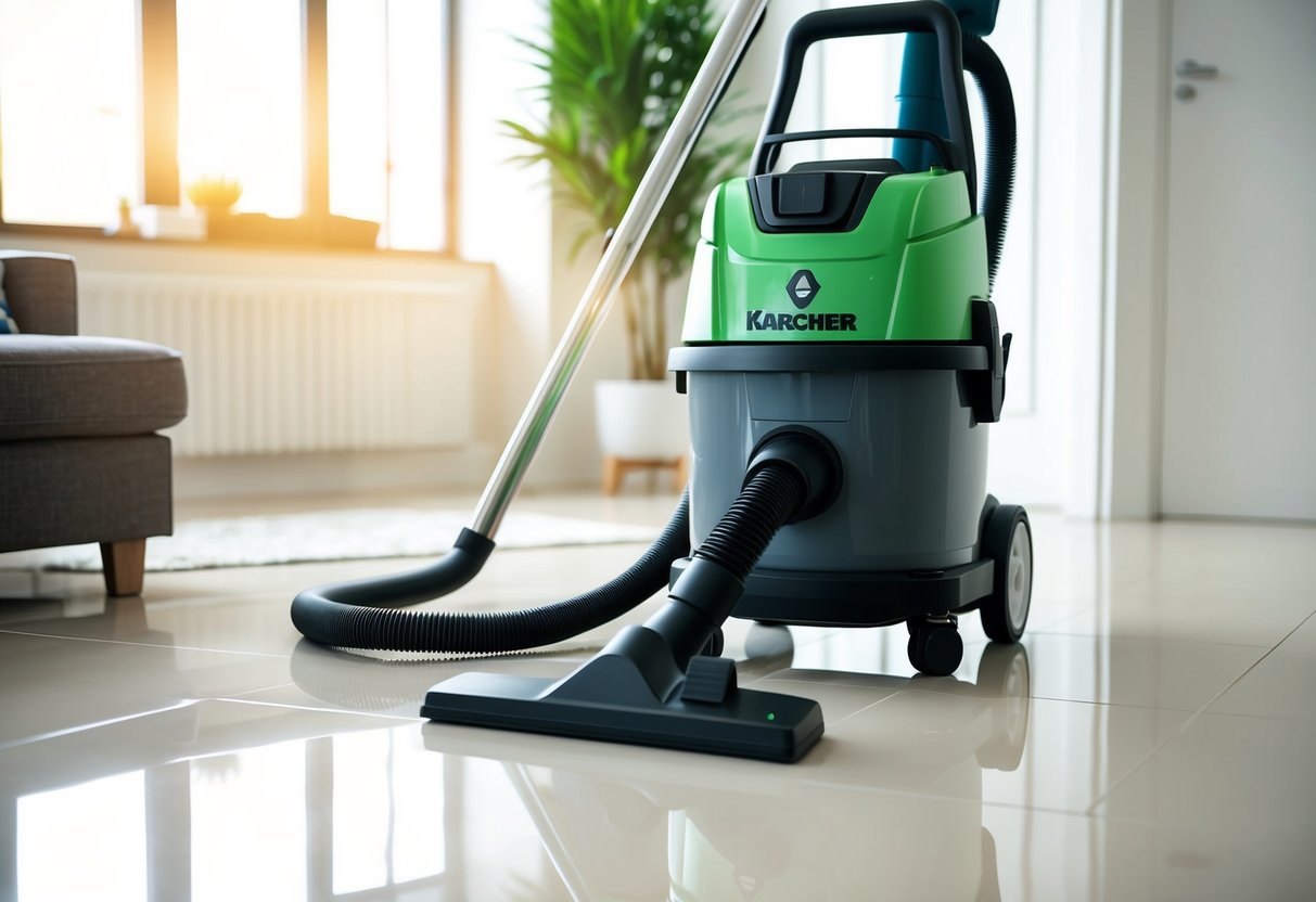 A Kärcher WD 5 Wet and Dry Vacuum Cleaner in a clean, well-lit room with various surfaces to demonstrate its versatility