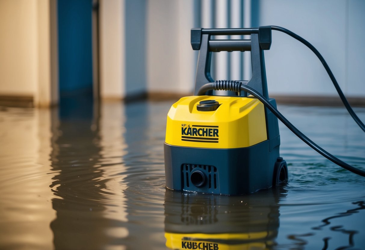 A Kärcher SP 5 Dirt Submersible Pump being used to clear water from a flooded basement