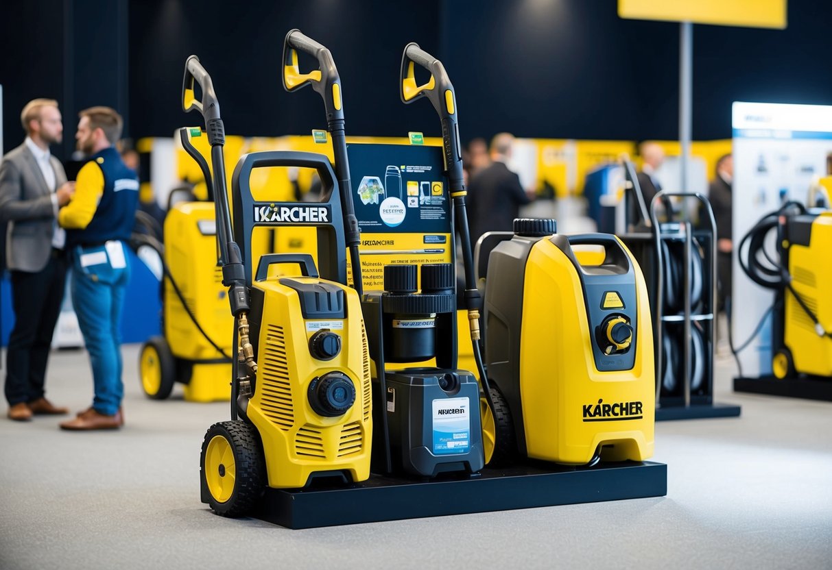 A display of Kärcher pressure washers and cleaning equipment at a busy promotional event