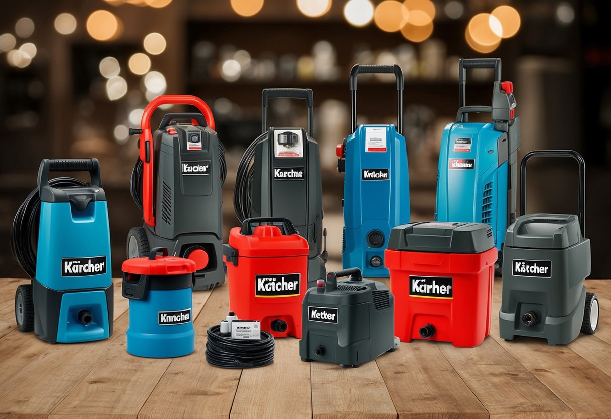 A variety of Kärcher products displayed with prominent features highlighted