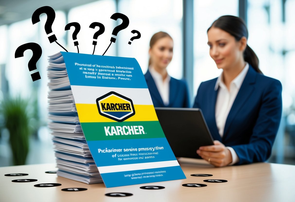 A stack of promotional materials with the Karcher logo, surrounded by question marks and a customer service representative