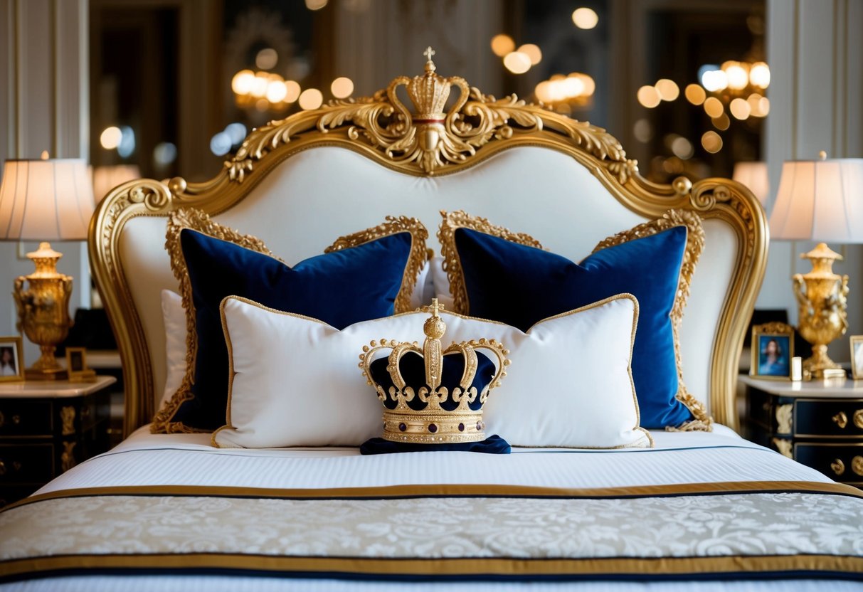 A regal bed with luxurious pillows and a golden crown emblem displayed prominently, surrounded by a backdrop of elegant, opulent furnishings