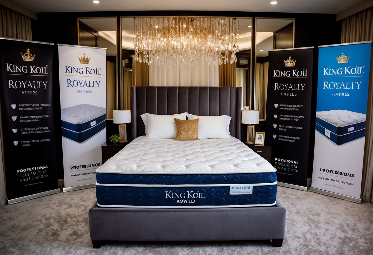 A luxurious bedroom with a regal King Koil Royalty Mattress as the focal point, surrounded by promotional banners and signs
