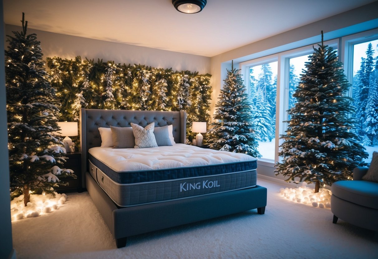 A cozy bedroom with a plush King Koil mattress surrounded by snow-covered trees and twinkling lights