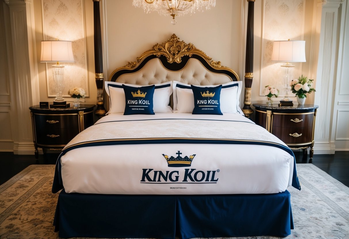 A regal bed with luxurious bedding, surrounded by elegant furniture and adorned with the King Koil logo