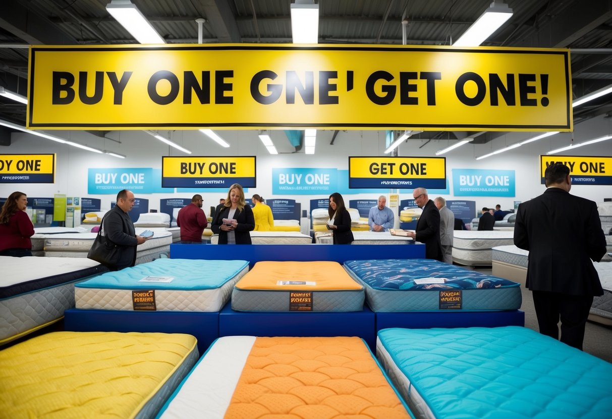 A colorful display of mattresses with bold "Buy One Get One" signs. Bright lights and happy customers browsing the promotional items