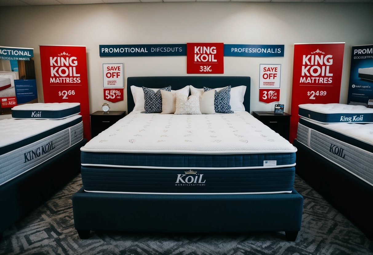 A luxurious king koil mattress surrounded by promotional signs and discounts