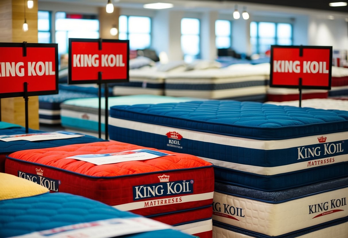 A colorful display of King Koil mattresses with bold price tags