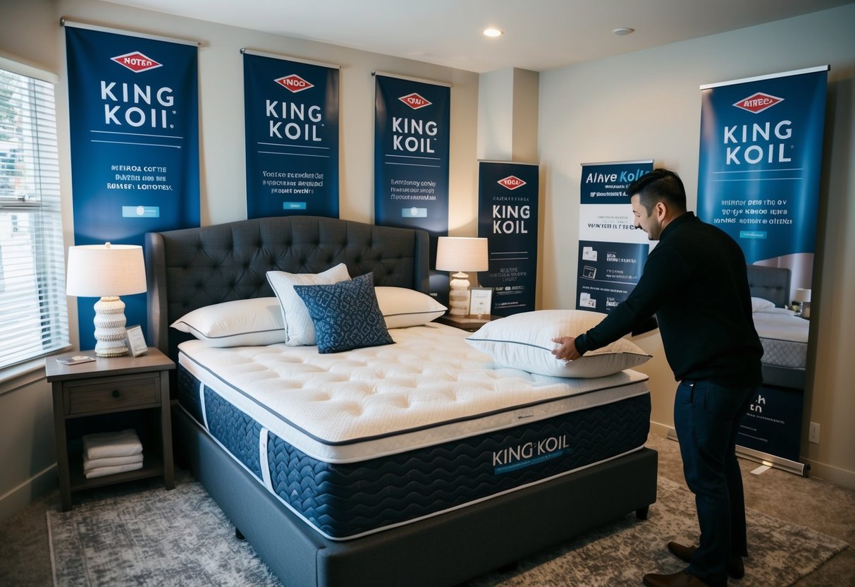 A cozy bedroom with a luxurious King Koil mattress, adorned with promotional banners and signs. A customer trying out different pillows and bedding